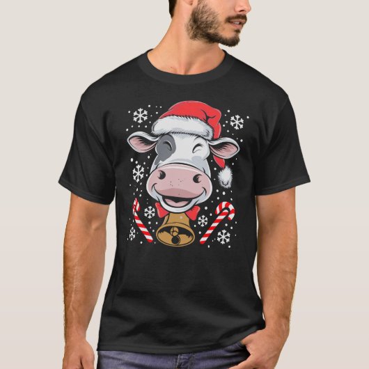 Funny Xmas Santa Hat Cow Christmas Lights Tシャツ (正面)