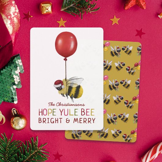 Funny Yellow Yule Bee Merry and Bright Christmas シーズンカード