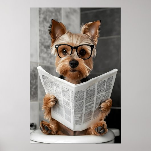 Funny Yorkie Bathroom Print, Reading Newspaper ポスター (正面)