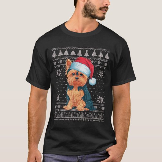 Funny Yorkie Dog Ugly Christmas Sweater Santa Xmas Tシャツ (正面)