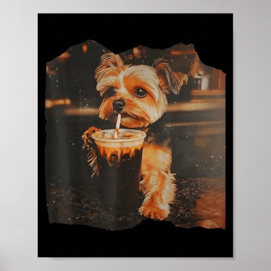 Funny Yorkie Drinking Iced Coffee Cute Dog Meme ポスター (正面)