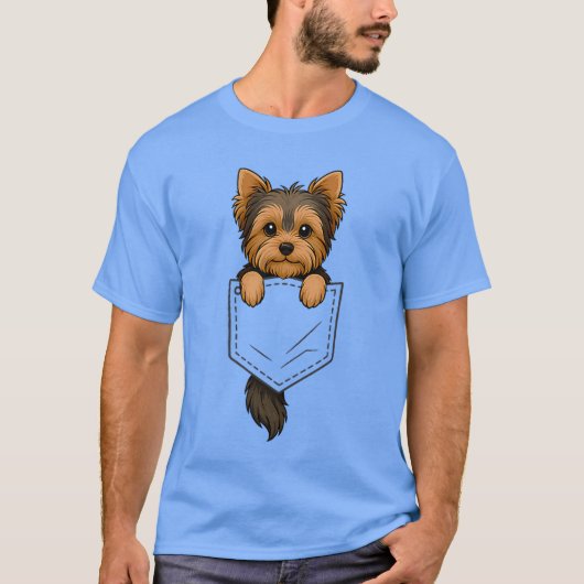 Funny Yorkshireerrier Peeking in Pocket Dog Puppy Tシャツ (正面)
