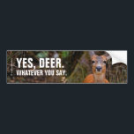 Funny Young Blacktail Deer Smiles at Photographer バンパーステッカー<br><div class="desc">Add a touch of nature and whimsy to your wheels with this customizable wildlife-themed bumper sticker! My second visit to the Maplewood Conservation Area in North Vancouver produced meetings with not two, but six blacktail deer in a clearing ... four fawns and two does who seemed completely at ease with...</div>