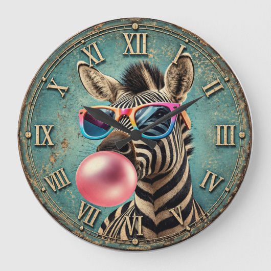 Funny Zebra Bubble Gum Colorful Quirky Safari ラージ壁時計 (正面)