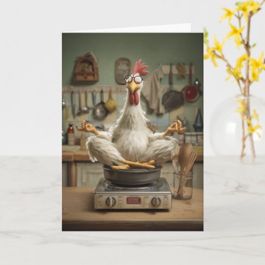 Funny Zen Chicken Cooking Scene カード (黄色い花)