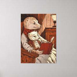 Furet lisant un libre à un jeune furet キャンバスプリント