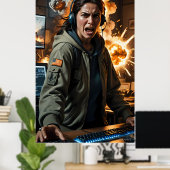 Furious Gamer Explosion Scene Photo Print ポスター (ホームオフィス)