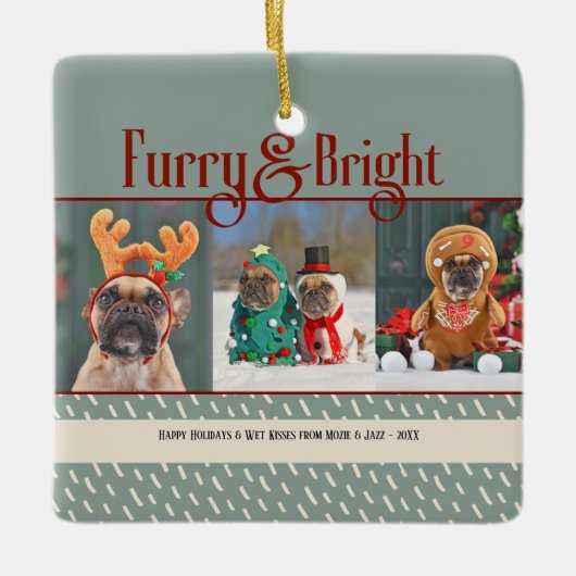 Furry & Bright Dog Christmas Photo Holiday セラミックオーナメント (正面)
