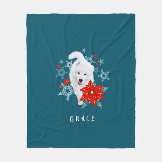 Furry Christmas Dog Samoyed personalized フリースブランケット (正面)