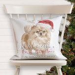 FURRY CHRISTMAS Santa Dog Monogram クッション<br><div class="desc">Who wouldn't love this adorable throw pillow?!! Featuring a cute Pomeranian wearing a Santa hat, with "We Wish You a Furry Christmas" written across in festive red hand lettered calligraphy, and personalized with the name and year. The design is the same on both sides of the pillow, and easy to...</div>