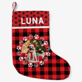 Furry paw愛犬家写真家族の素朴な格子赤 スモールクリスマスストッキング