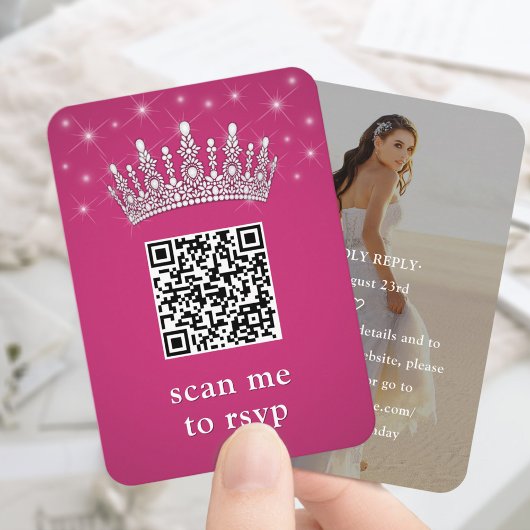 Fuschia Pink QR RSVP Quinceañera Crown & Photo エンクロージャーカード