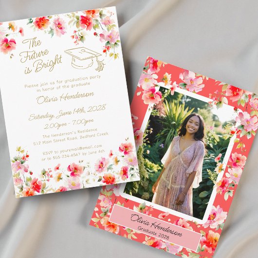 Future Is Bright Pink Orange Floral Graduation 招待状