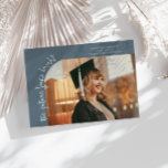Future Looks Bright Slate Blue Curved Photo 案内状<br><div class="desc">Modern and whimsical graduation announcement photo card featuring a photo on the front and 1 on the back. The text says "the future looks bright" in quirky hand writing. Add the graduate's name,  information,  and message to personalize this card. Slate blue.</div>