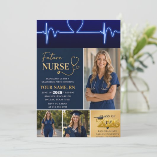 Future Nurse Graduation Invitation | Modern RN Nur 招待状 (スタンド正面)