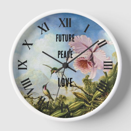 Future, Peace, Love, Orchid & Hummingbirds on Blue 壁時計 (正面)