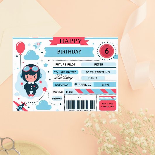 Future Pilot Airplane Boarding Pass Birthday 招待状