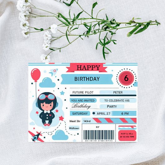 Future Pilot Airplane Boarding Pass Birthday 招待状