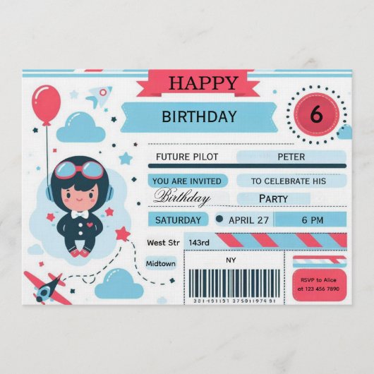 Future Pilot Airplane Boarding Pass Birthday 招待状 (正面)