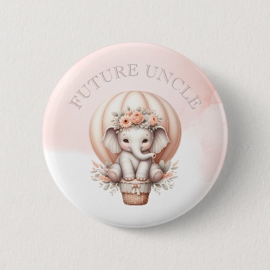 Future Uncle Baby Shower Peach Elephant 缶バッジ (正面)