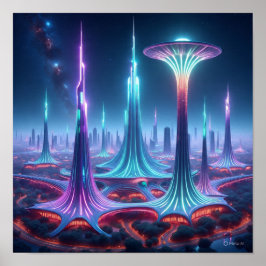 Futuristic Alien Cityscape with Spaceport ポスター
