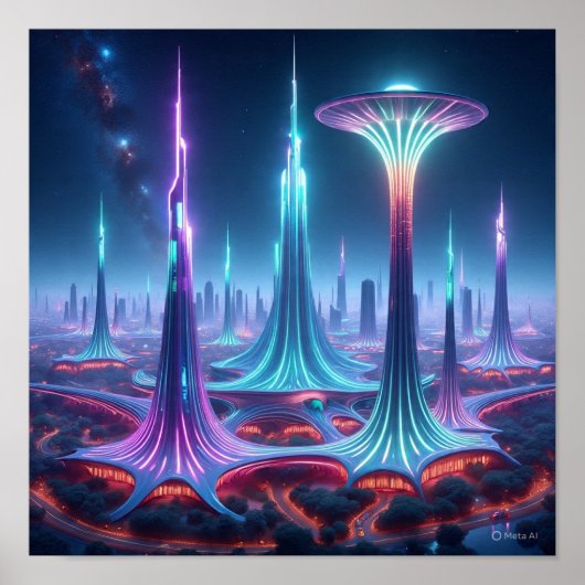 Futuristic Alien Cityscape with Spaceport ポスター (正面)