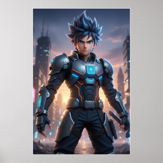 Futuristic Anime Hero – Cyberpunk Warrior Poster ポスター (正面)