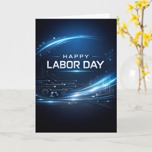 Futuristic Blue Happy Labor Day カード (黄色い花)
