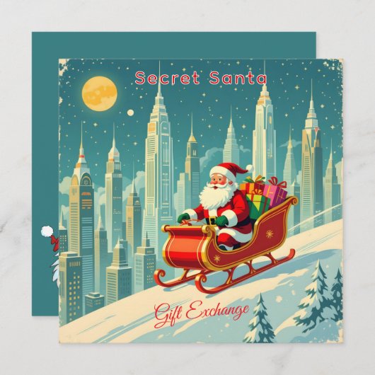 Futuristic City Santa Sleigh Gift Exchange Square 招待状 (正面/裏面)