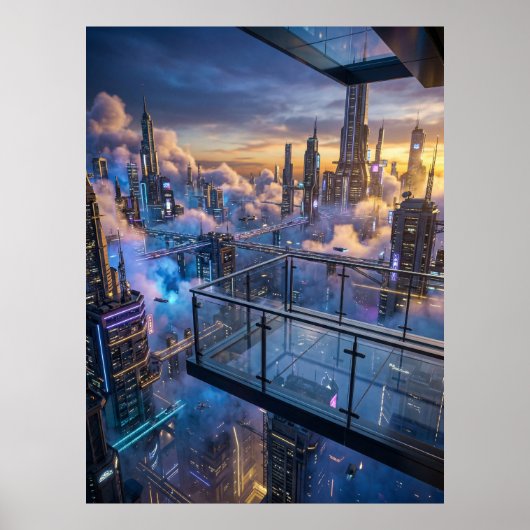 Futuristic City Sunset Wall Art ポスター (正面)
