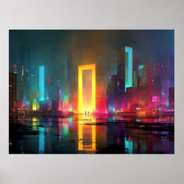Futuristic City with Radiant Neon Portal ポスター