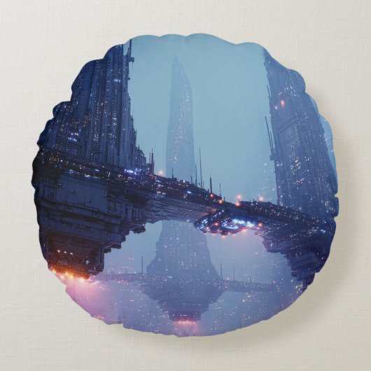 Futuristic Cityscape with Hovering Structures ラウンドクッション (正面)