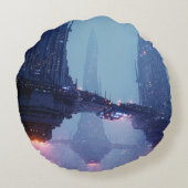 Futuristic Cityscape with Hovering Structures ラウンドクッション (裏面)