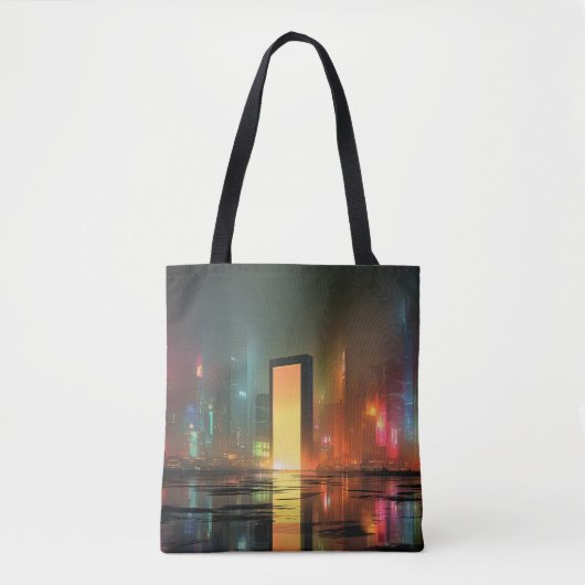 Futuristic Cityscape with Neon Reflections トートバッグ (正面)