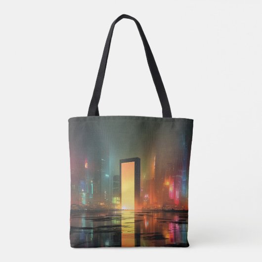 Futuristic Cityscape with Neon Reflections トートバッグ (裏面)