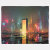 Futuristic Cityscape with Neon Reflections フリースブランケット (正面(横))