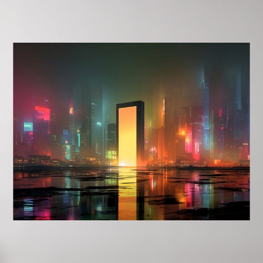 Futuristic Cityscape with Neon Reflections ポスター (正面)