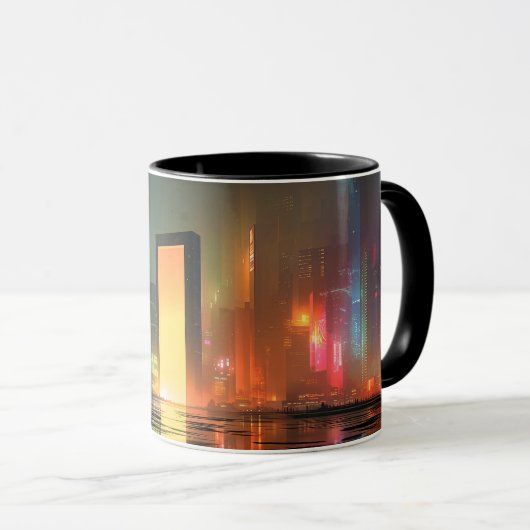Futuristic Cityscape with Neon Reflections マグカップ (正面右)