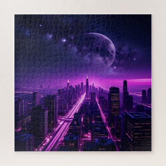 Futuristic Cyberpunk City at Night – Neon Purple ジグソーパズル (縦)