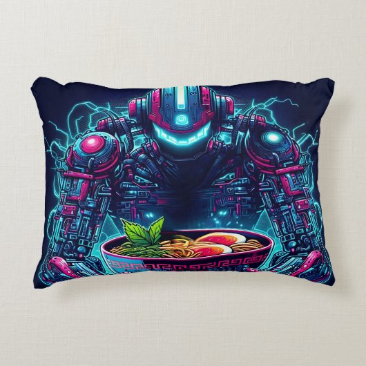 Futuristic Cyberpunk Robot Neon Food Ramen アクセントクッション (正面)