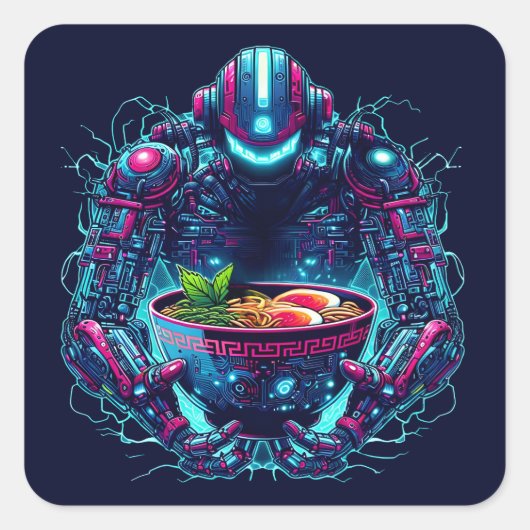Futuristic Cyberpunk Robot Neon Food Ramen スクエアシール (正面)