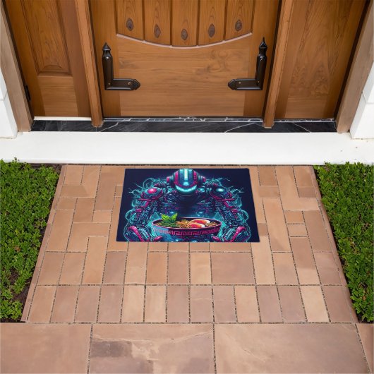 Futuristic Cyberpunk Robot Neon Food Ramen ドアマット (室外)