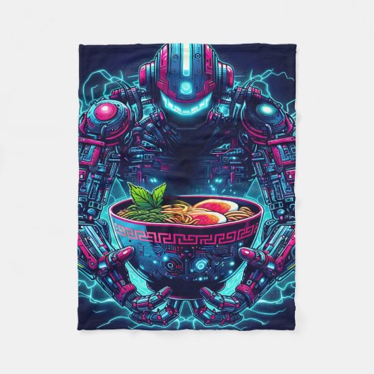 Futuristic Cyberpunk Robot Neon Food Ramen フリースブランケット (正面)