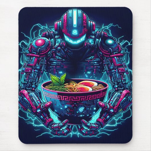 Futuristic Cyberpunk Robot Neon Food Ramen マウスパッド (正面)