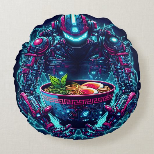 Futuristic Cyberpunk Robot Neon Food Ramen ラウンドクッション (正面)
