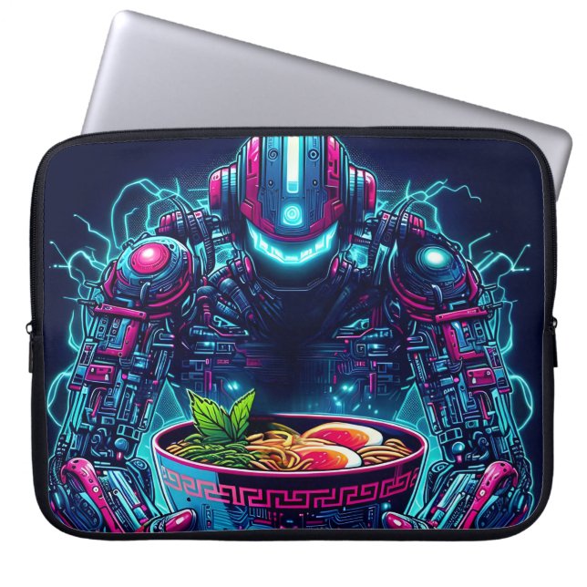 Futuristic Cyberpunk Robot Neon Food Ramen ラップトップスリーブ (正面)