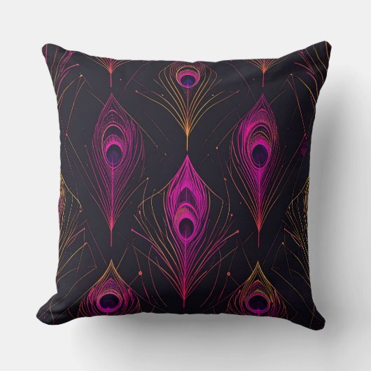 Futuristic Geometric Peacock & Neon Pulse Pillow クッション (正面)