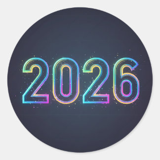 Futuristic glowing 2026 numbers with neon light   ラウンドシール