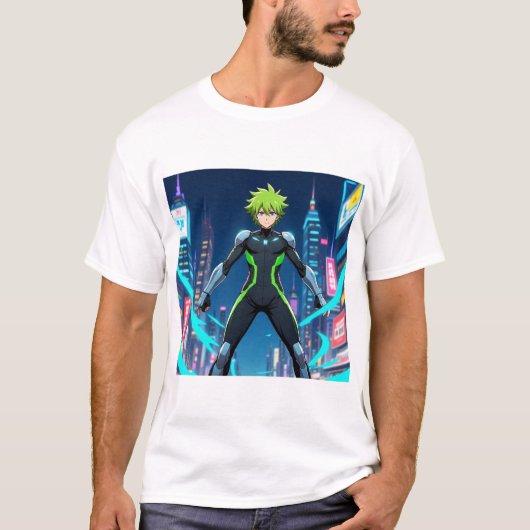 Futuristic Green-Haired Anime Hero in Cyberpunk Ci Tシャツ (正面)