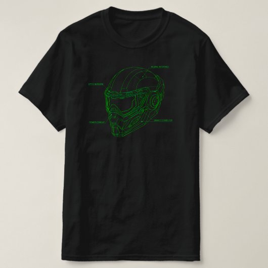 Futuristic Green Wireframe Cyber Helmet Blueprint Tシャツ (デザイン正面)